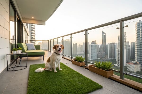 A dog happily sitting on a clean patch of artificial grass in a backyard.