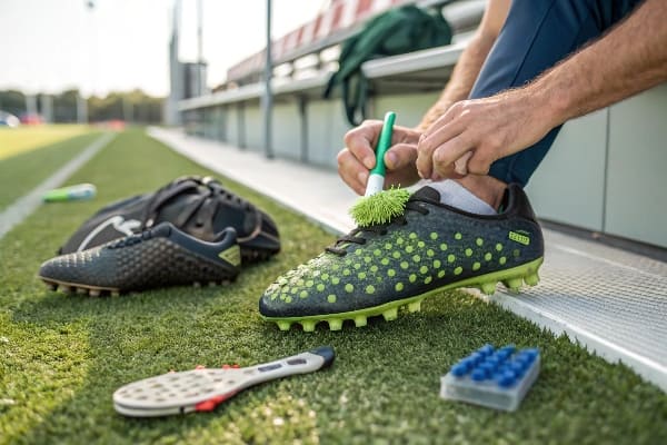 Artificial grass installation on sports field, using sand infill for playground construction