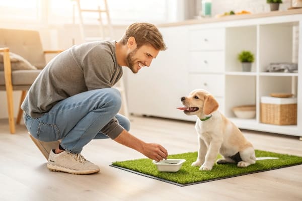 A person giving a treat to a puppy on an artificial grass potty pad.