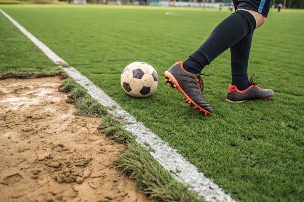 Artificial grass installation on sports field, using sand infill for playground construction