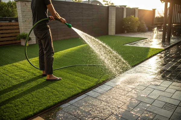 A person easily rinsing an artificial turf lawn with a garden hose