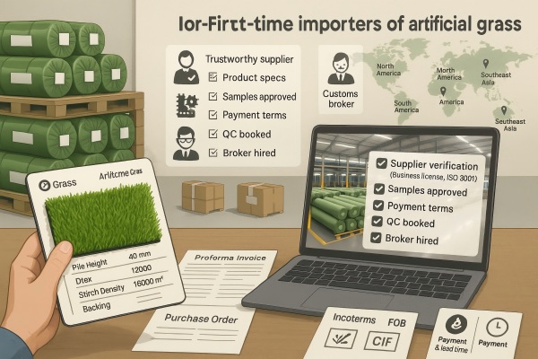 A person inspecting an artificial grass sample with a checklist