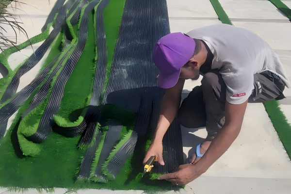 A detailed photo showing the process of laying a turf strip between two pavers