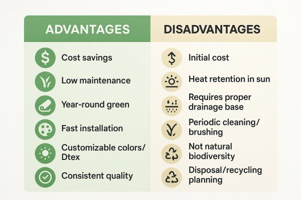 A split image showing the pros and cons of artificial grass visually