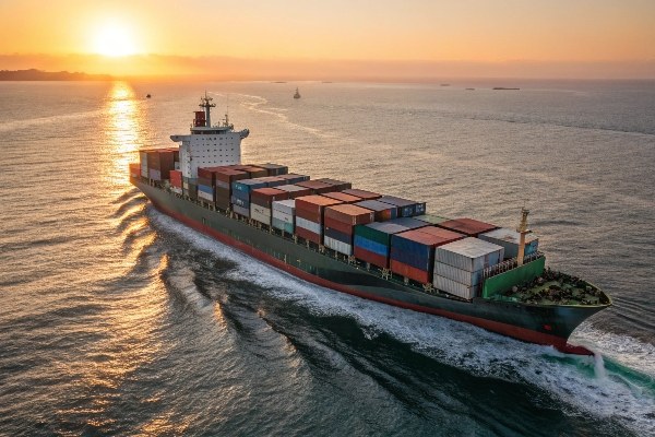 A shipping container being loaded onto a cargo ship