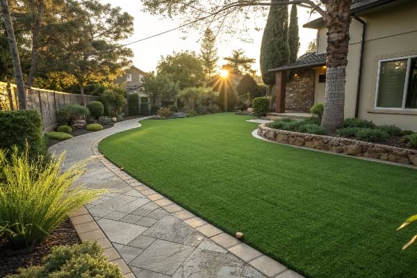 A family playing on a durable artificial turf lawn after many years