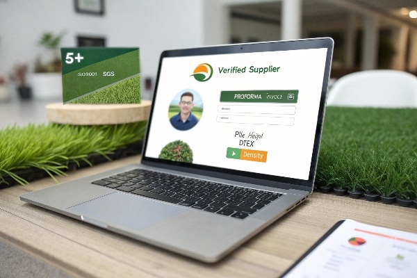 A computer screen showing the Alibaba website with searches for artificial grass suppliers