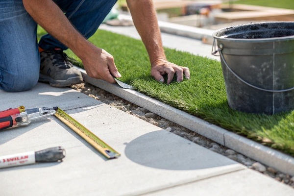 Applying special turf adhesive to the edge of a concrete paver next to an artificial grass strip