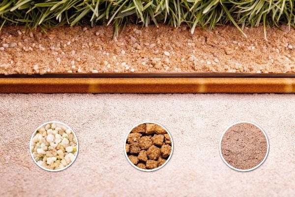 An infographic showing a recyclable artificial turf product with eco-friendly labels