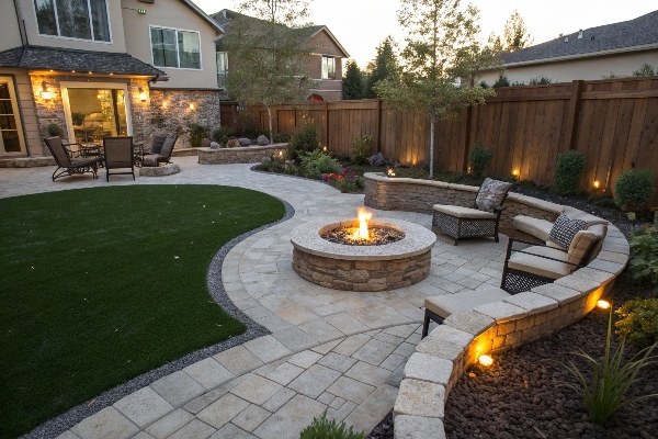 image placeholder for a safe firepit area built with stone pavers in a backyard with artificial turf
