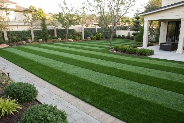 A lush artificial lawn with perfect light and dark green stripes created by brushing