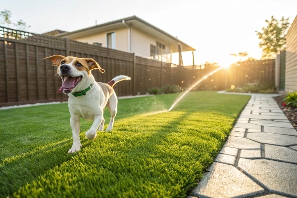 alt text: A happy dog playing on a clean, green artificial grass lawn