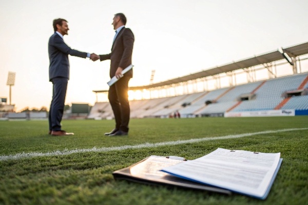 Two business people shaking hands in front of artificial grass rolls