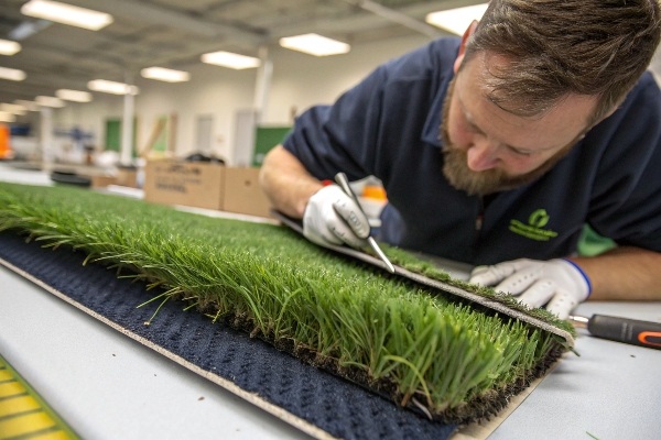 A person's hand inspecting the density and backing of an artificial grass sample