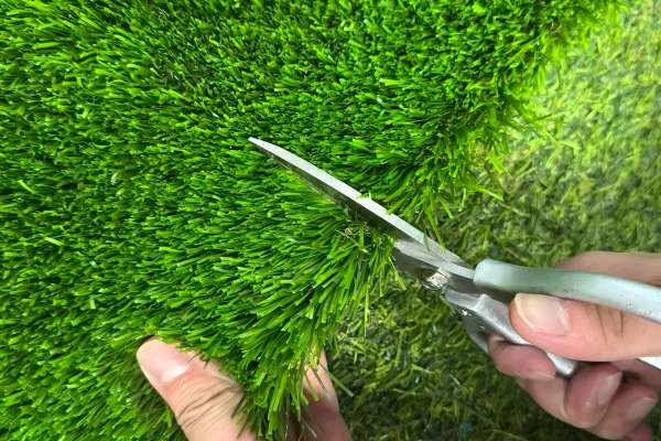 Illustration showing scissors cutting grass blades and backing incorrectly