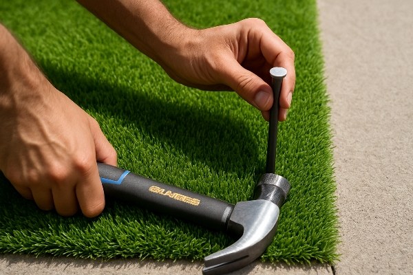 A close-up of a turf spike being hammered into the edge of an artificial grass installation