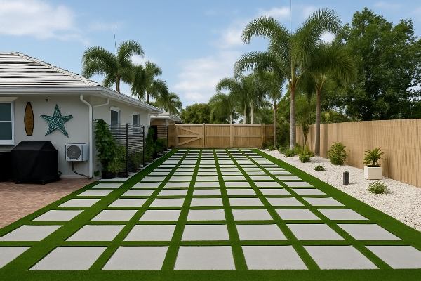 A creative driveway with strips of artificial grass between concrete pavers