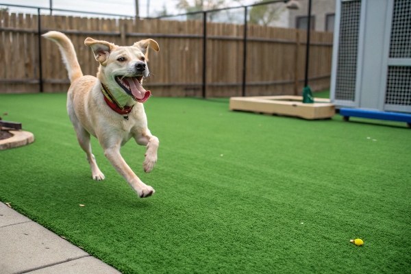 A happy dog playing on green pet turf