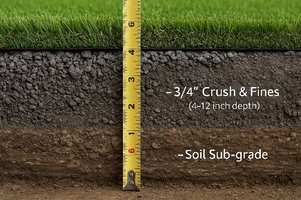 A measuring tape showing the depth of an excavated area for a sub-base