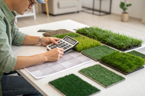 Stacks of money next to a roll of artificial grass representing cost