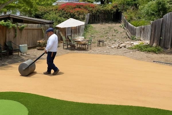 A worker leveling the sub-base material for an artificial turf installation
