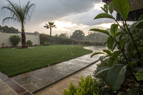 An artificial grass lawn next to a garden during a heavy rainstorm, showing minimal water pooling