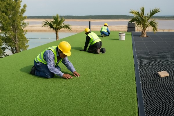 An image showing the installation process of artificial grass on a roof