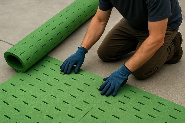 An installer laying a white foam shock pad on a concrete surface before installing turf