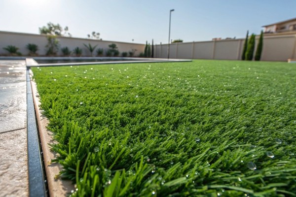 An overhead view of a lush green artificial turf lawn after a recent rain
