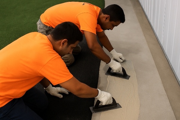 Applying turf adhesive to concrete with a notched trowel
