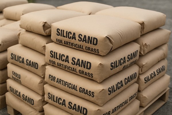 Bags of silica sand ready for artificial grass installation