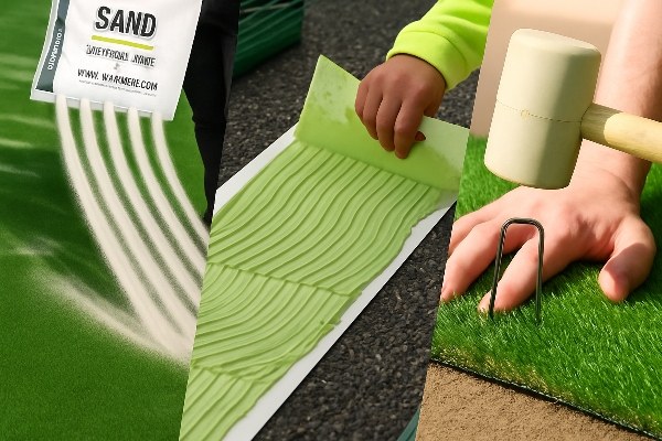A collage of different turf securing methods: spikes, adhesive, and sand infill being spread
