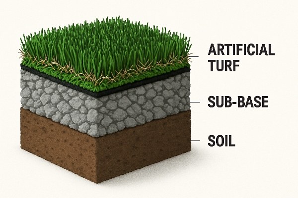 Cross-section diagram showing layers of soil, sub-base, and artificial turf