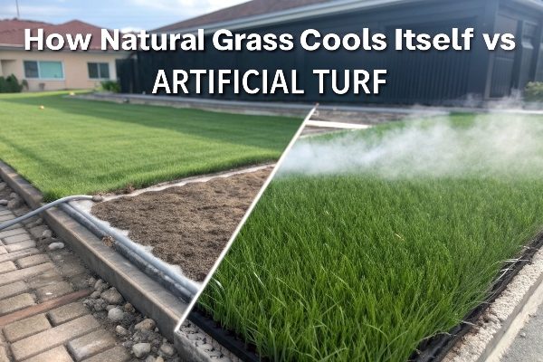 Diagram showing evapotranspiration in natural grass next to a diagram showing heat absorption in artificial turf
