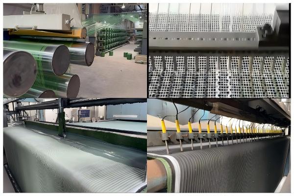 An infographic showing the four main steps of artificial grass manufacturing: extrusion, tufting, coating, and curing