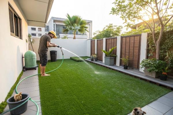 A person hosing down an artificial turf lawn to clean it.