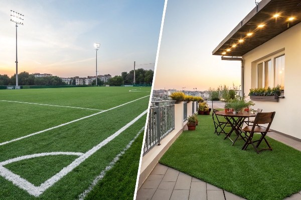 A split image showing a sports field on one side and a small residential balcony with turf on the other