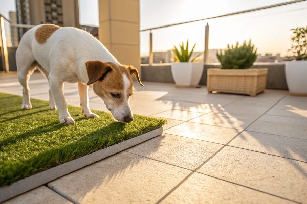A dog sniffing curiously at an artificial grass pad on a patio.