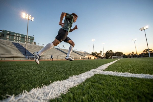 A football player running on a high-quality artificial turf field