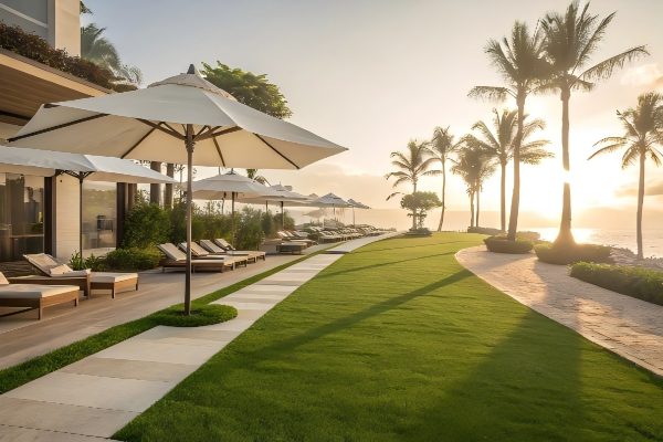 A lush green artificial lawn under bright sunlight