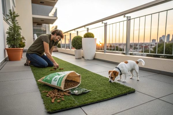 A person laying out a new artificial grass mat on a balcony with a bag of dog treats nearby.