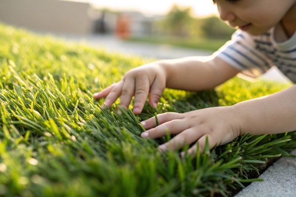 Close-up of a child's hands on soft, non-toxic artificial grass fibers