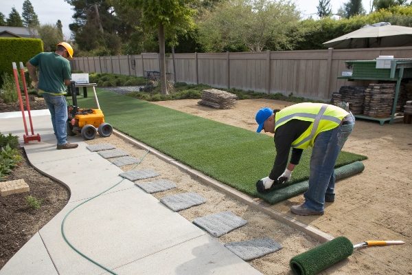 Workers installing rolls of pet turf in a backyard