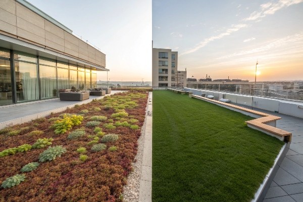 A comparison image showing a sedum roof on one side and an artificial grass roof on the other