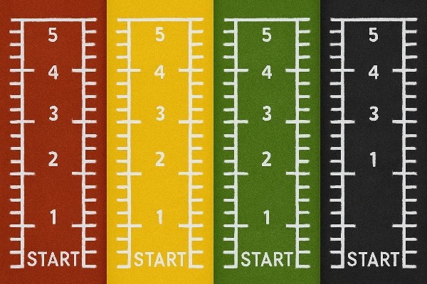 A football field with a custom logo in the center of the artificial grass