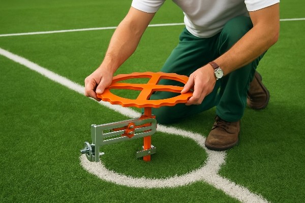 An installer using a Circle Cutter to cut the center circle on a football field
