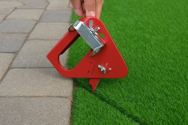 An Edge Trimmer tool trimming artificial turf neatly against a paver patio