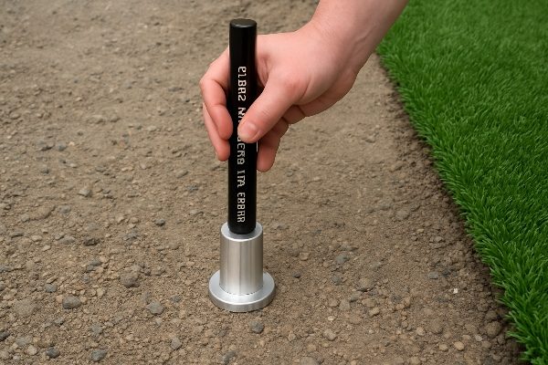 An engineer using a Clegg Impact Soil Tester on a sub-base before turf installation