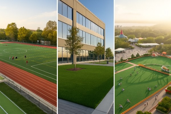 An image displaying three different types of artificial grass side-by-side: landscape, sports, and playground