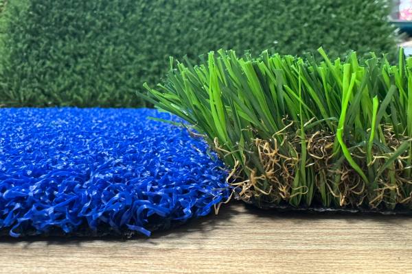 Side-by-side photo of a lush high pile artificial lawn and a short, clean low pile padel court